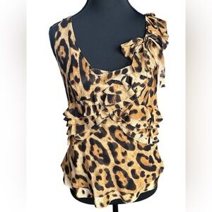 Escada Asymmetrical Ruffle Animal Print Dress Tank w/ Bow Detail Size